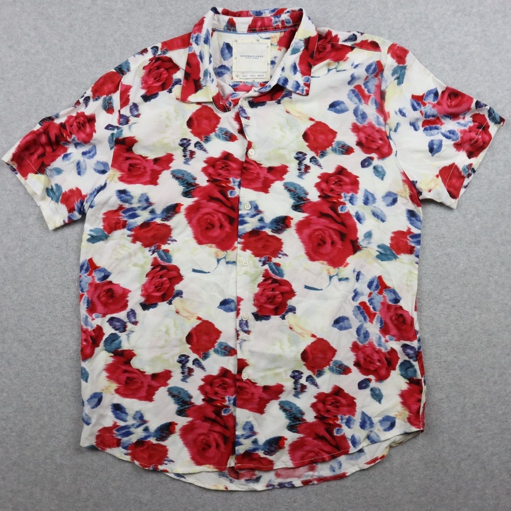 Denim & Flower Shirt Mens Large Casual Button Up Red Rose Floral Short Sleeve